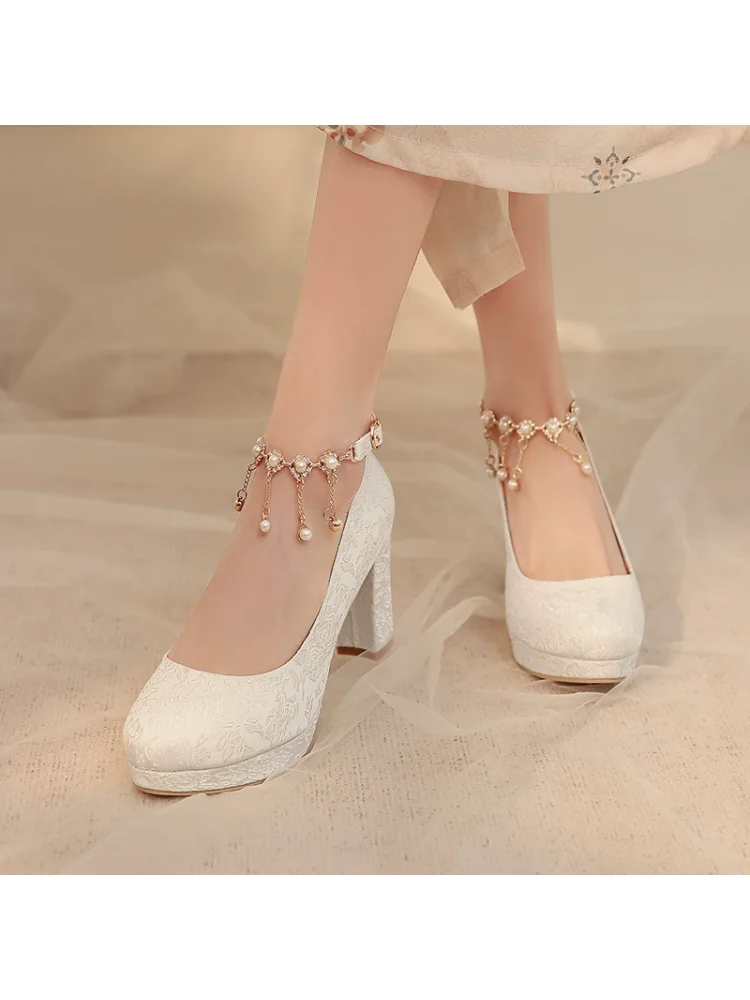 New Chinese Style Super High Heels Cheongsam Shoes With Round Toe Extra Large Size 34-46 Pearl One-piece High Heels Women