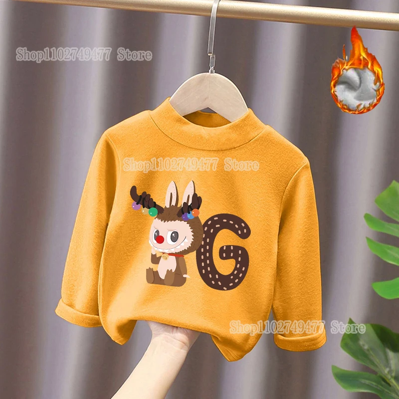 Cartoon letter Labubu kids long sleeved T-shirt cut POP Mart autumn winter double-sided brushed warm top round neck clothing