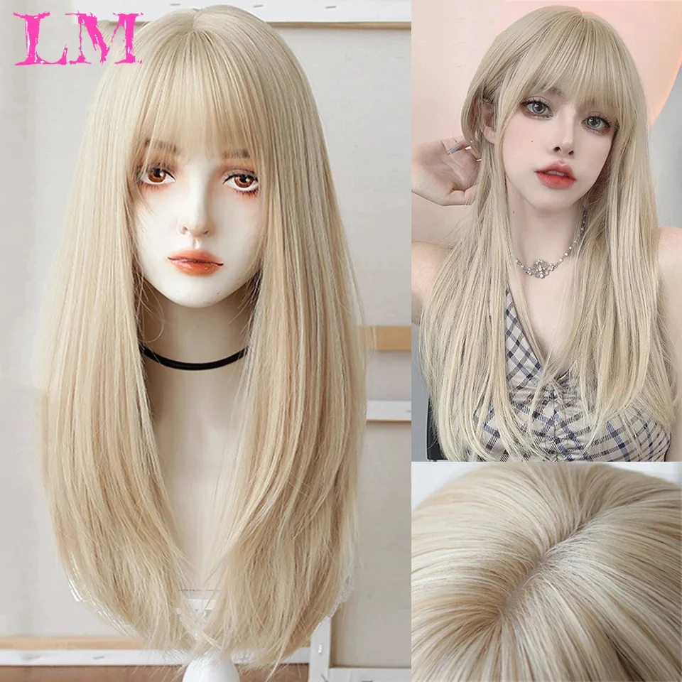 

LM Synthetic Long Straight Wig with Bangs for Women Long Straight Wigs Heat Resistant Natural Looking Wigs for Daily Wear