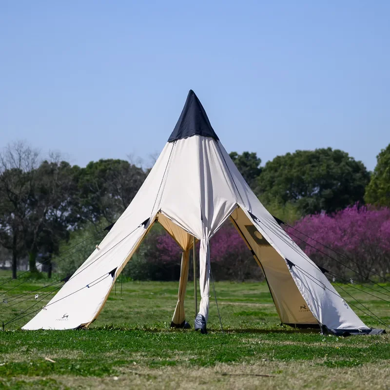 Outdoor Camping Pyramid Tent with Chimney Rainproof Sunshade Shelter for Hiking Picnic Backpacking Portable Canvas Teepee