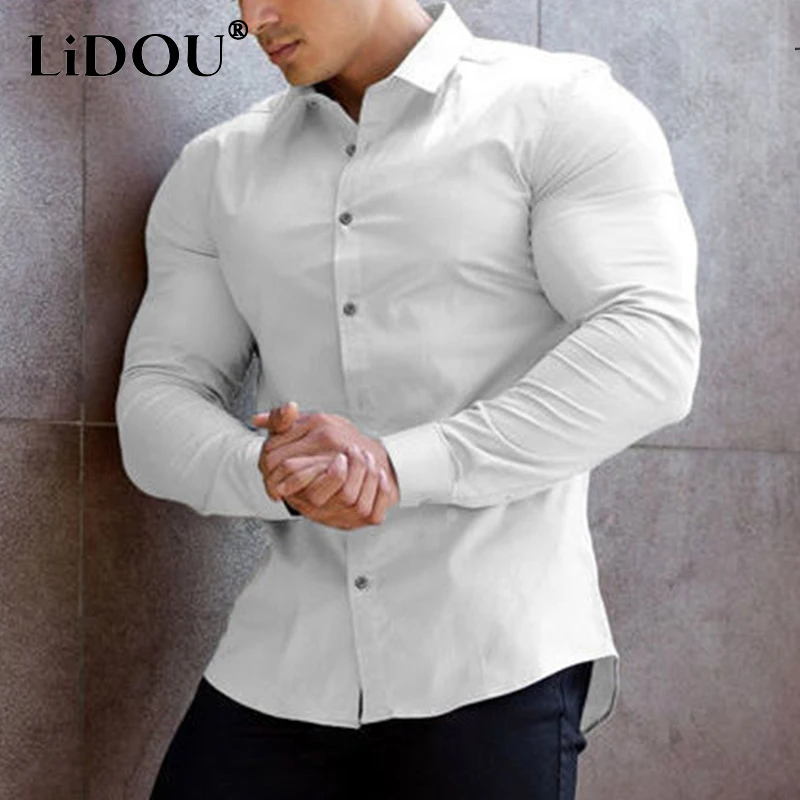 Primavera outono super fino ajuste simples bussiness camisas masculinas de manga longa anti-rugas muscular polo pescoço sólido blusas de negócios homme