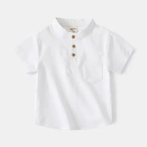 Handsome Fashion Children's White Mandarin Collar Shirts Short Sleeve Pockets Button T-shirts Kids Tees Tops for 0-7 Years