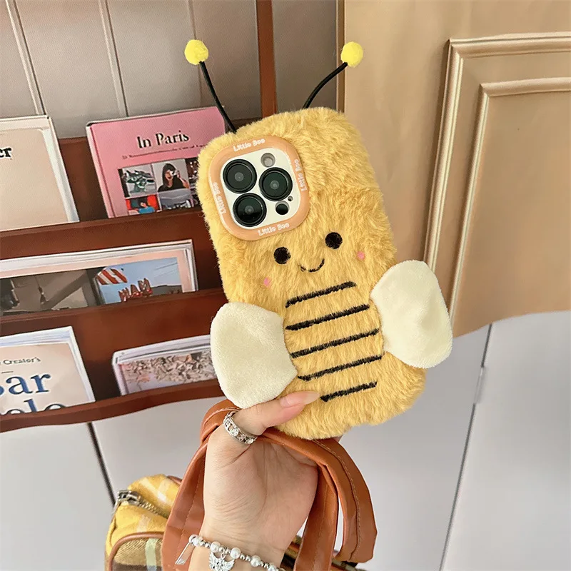 3D Cartoon Bee Lens Bracket Fluffy Fur Plush Phone Case For iPhone 17 Air 16 15 14 13 12 11 Pro Max Shockproof Protective Cover