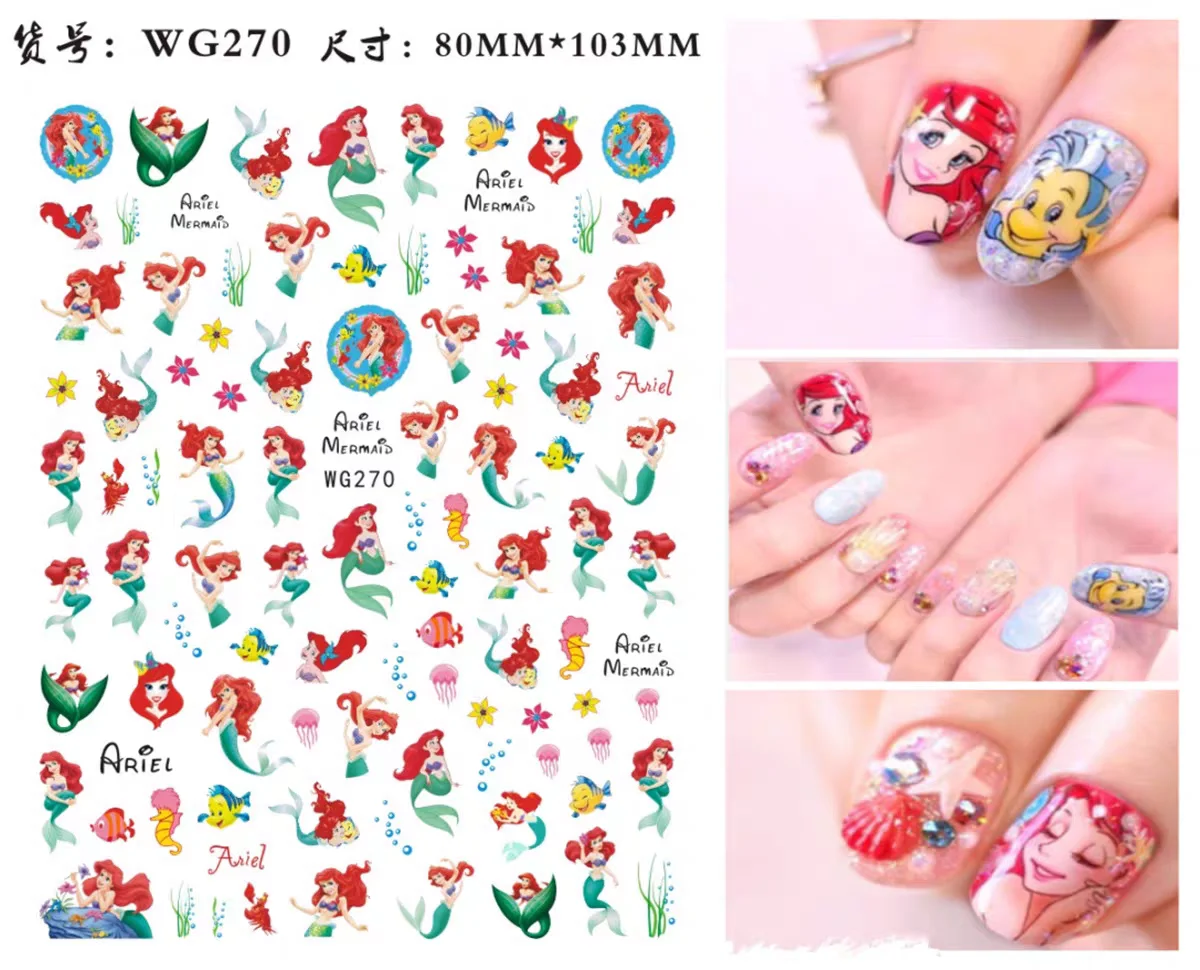 

1 Sheet Nail Disney Princess Nail Stickers The Little Mermaid Ariel Princess Brave Beautiful Fairy Tale 3D Nail Stickers