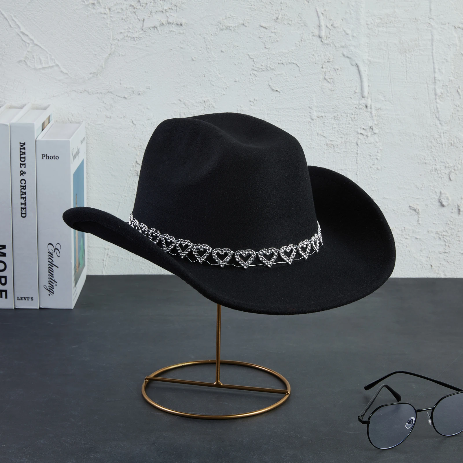 Hart Strass Cowgirl Hoed Dames Westerse Stijl Retro Brede Rand Zonnehoed Thema Feestpetten