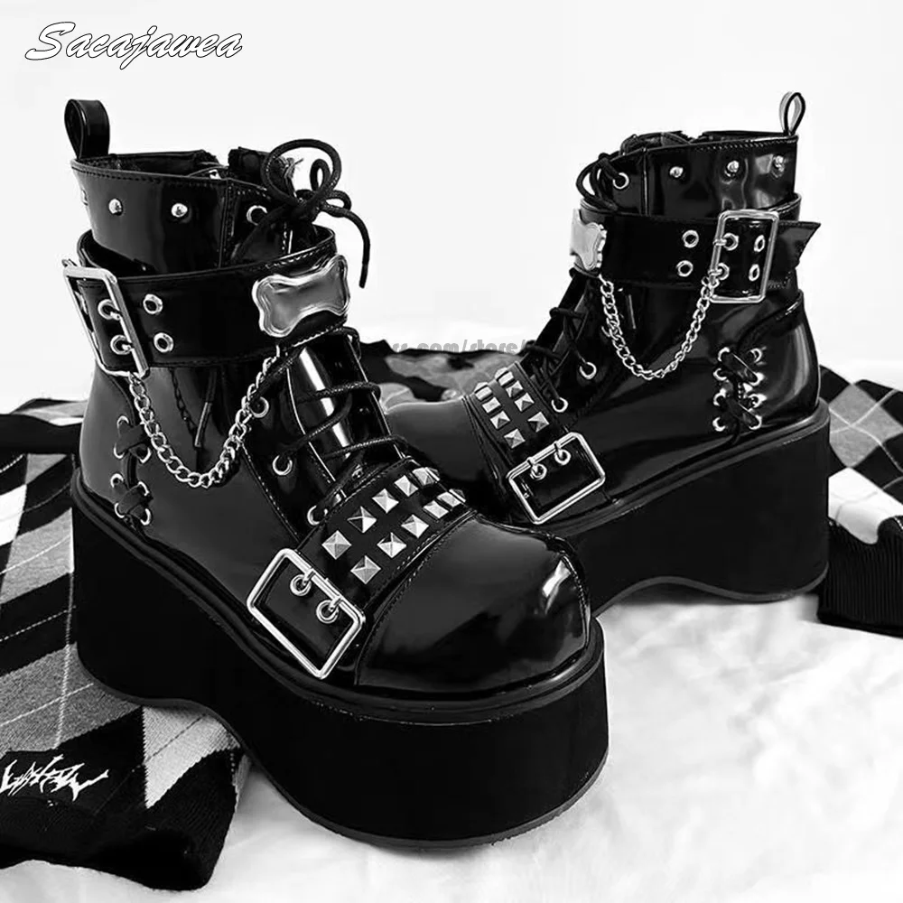 

Punk Style Metal Rivet&Chain Wedge Motorcycle Boots Solid Side Zipper Cool Girl Short Boots Size 35-42 Height Increasing Shoes