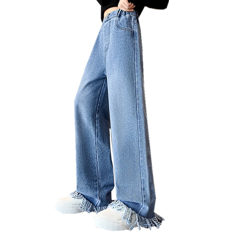 Teenager Hot Denim Tassel Raw Edge High Waist Jeans Fashion Cool Pants Girls Pantalones Kids Casual Jeans for Girls with Fringe