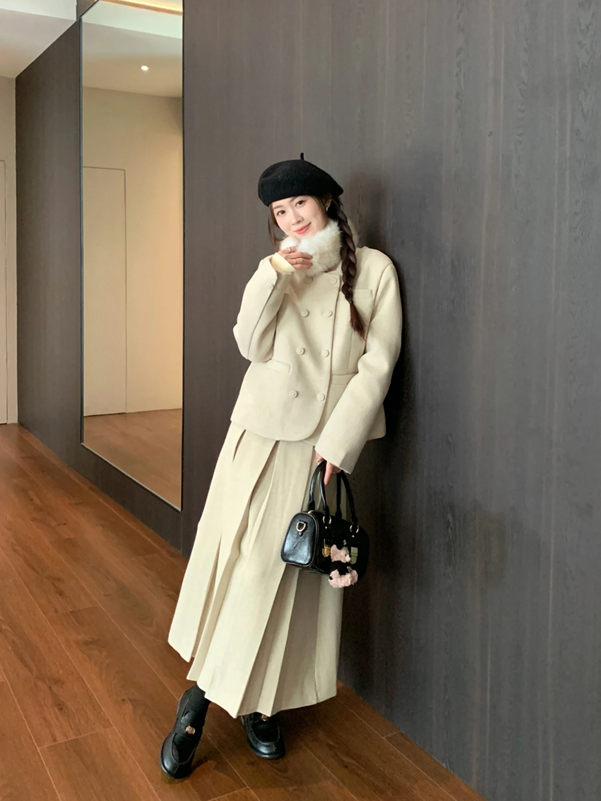 

Новое зимнее шерстяное пальто с двухрядными пуговицами для женщин, корейский теплый шарф в комплекте, плащ Ele бежевого цвета