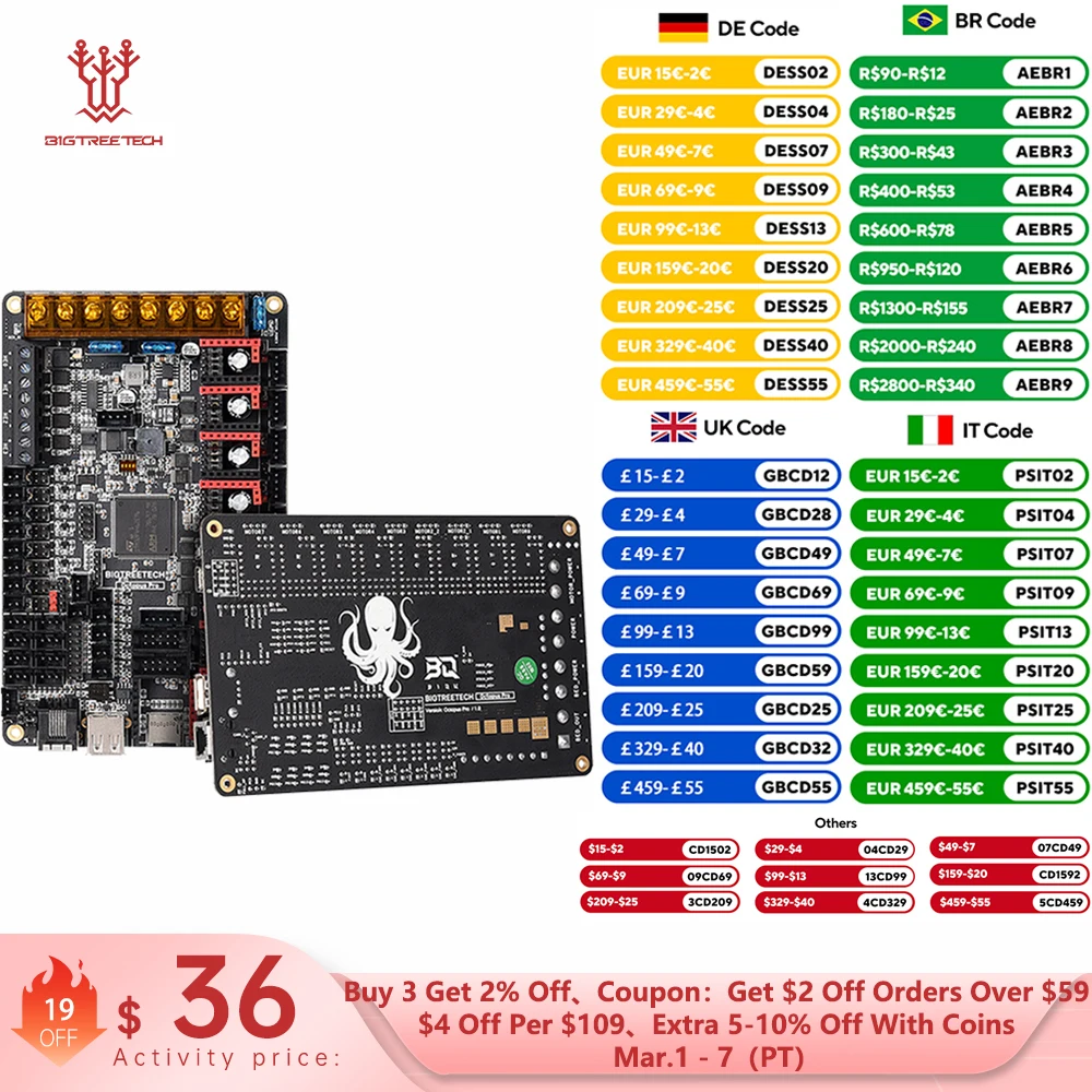 

Материнская плата BIGTREETECH Octopus PRO V1.0/V1.1 со встроенными модулями MAX31865 и TMC2209, плата управления Raspberry Pi, аналог Ender3 V2, для PITFT