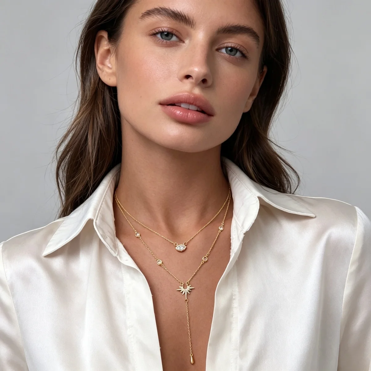 Doppelschichtige Strass-Geometrische Sonnenanhänger-Halskette in Y-Form für Frauen, Eleganter Rhombischer Sonnenblumen-Choker, Partyschmuck – Detail 14