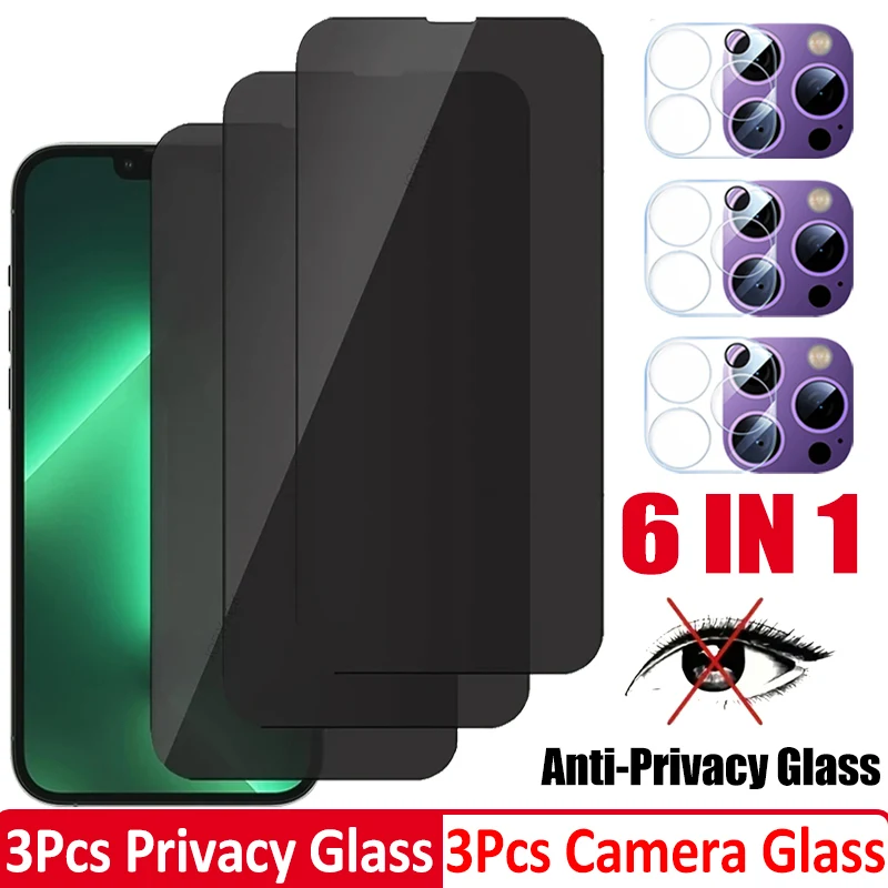 غطاء كامل 6in1 مضاد للزقزقة من الزجاج المقسى لهاتف iPhone 15 14 13 12 11 Pro Max 15 Plus واقي شاشة زجاجي لعدسة الكاميرا