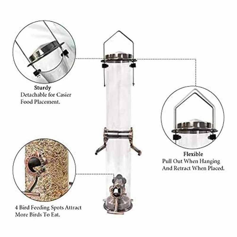 1 Piece Bird Feeder Feeder With 4 Feeding Ports Stainless Steel Hanging Wild Bird Feeder