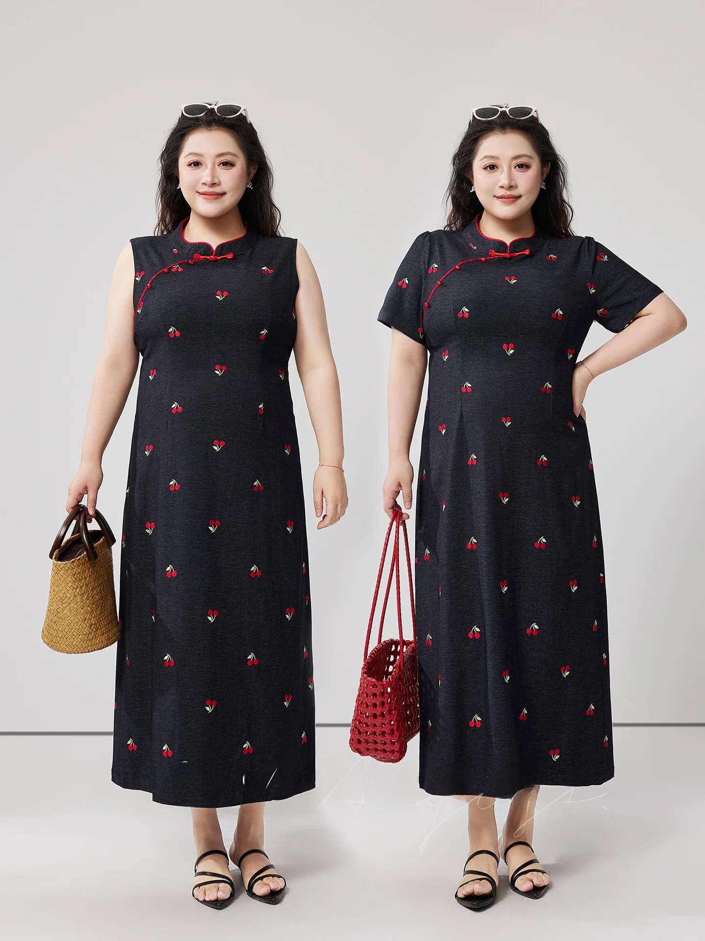 

Новое платье-ципао в китайском стиле с вишнёвым узором, комплект из платья и кардигана, большие размеры, женская весенняя мода, свободный крой, милый дизайн