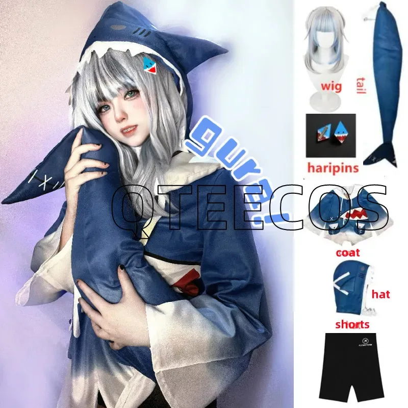 LQHololive Gawr Gura Cosplay ENG Shark زي Youtuber ملابس مضحكة لحفلات الهالوين وأعياد الميلاد ملابس ذيل للنساء