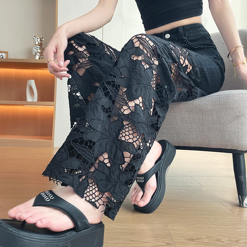 KSTUN Summer Women Black Lace Hollow Out Beaded Embroidery Jeans High-waisted Stretchy Narrow Version Straight Denim Trousers