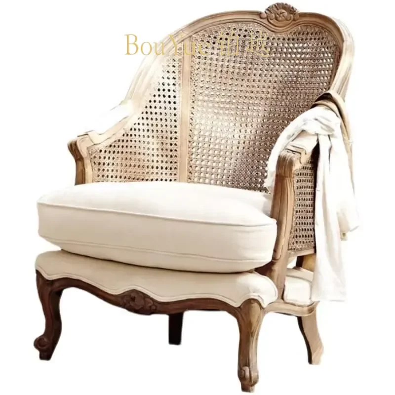 French Oak Solid Wood Rattan Single Sofa Armchair for Living Room Coffee Shop Clothing Store Hotel Lounge Chair