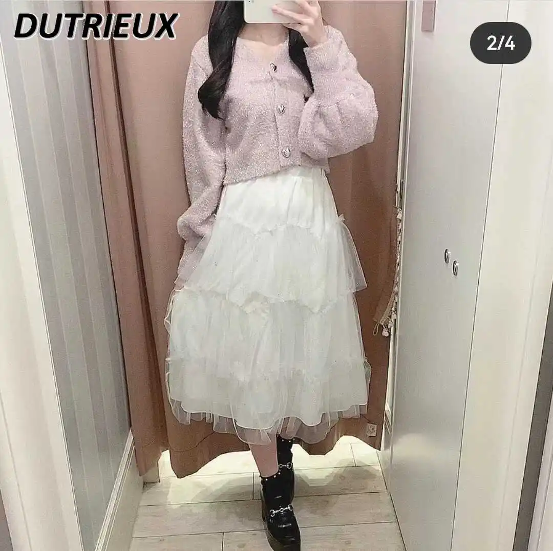 

Japanese Style Elegant Sweet Girl Mesh Layer Cake Skirt Summer Elastic High Waist Cute Wild Mid-Length Skirts for Women