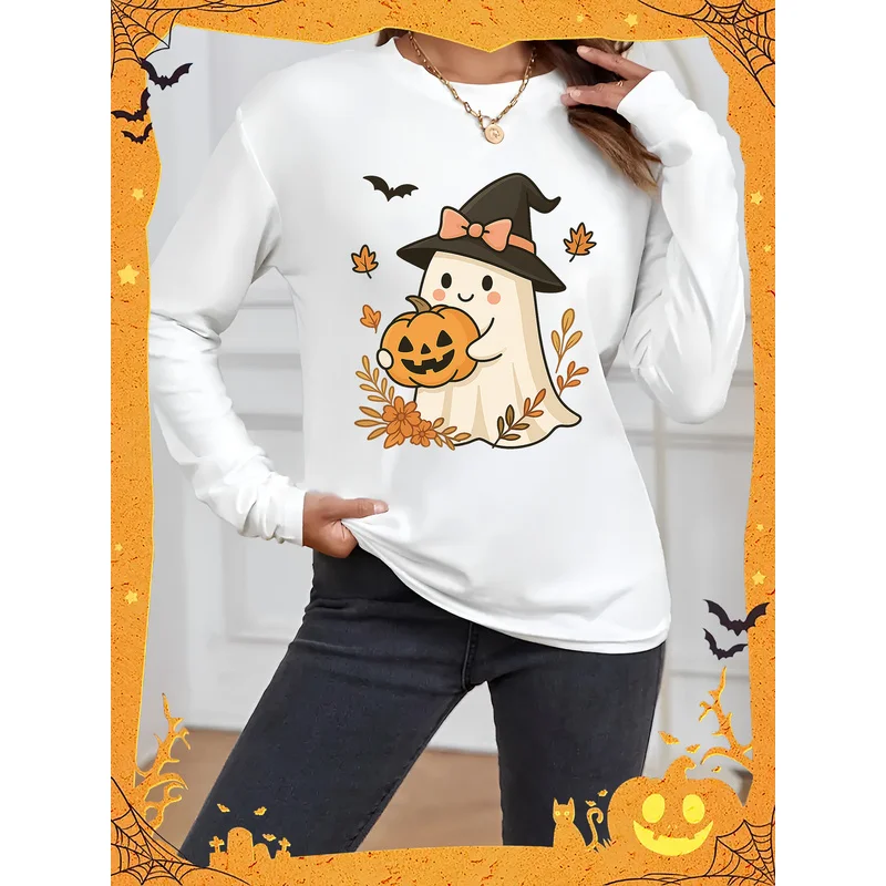 Women Long Sleeve T-shirt Halloween Cute Ghost Witch Hat Pumpkin Print Crew Neck Casual Tee