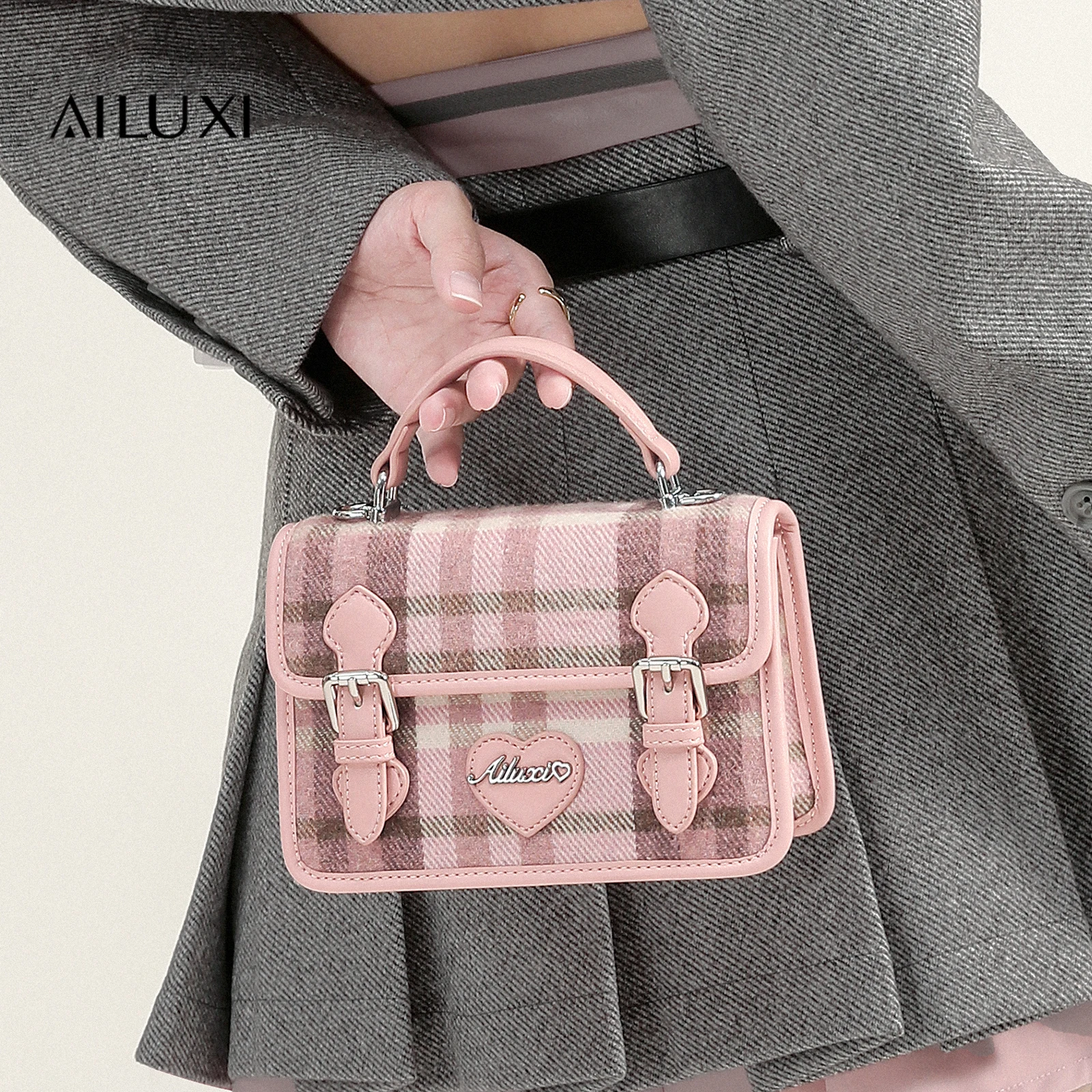 AILUXI New Pink Plaid Wool Cambridge Bag With Heart Decor Original Hardware Handbag College Style Y2K Women's Shoulder Bag