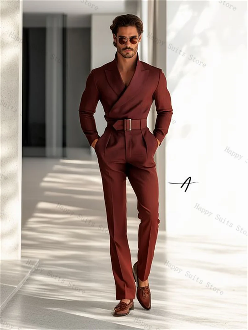 

Brown Men Suit Set 2 Pieces Blazer+Pants Trousers Belted Formal Office Coat Autumn Fall Groom Wedding Tuxedo Customized Jacket