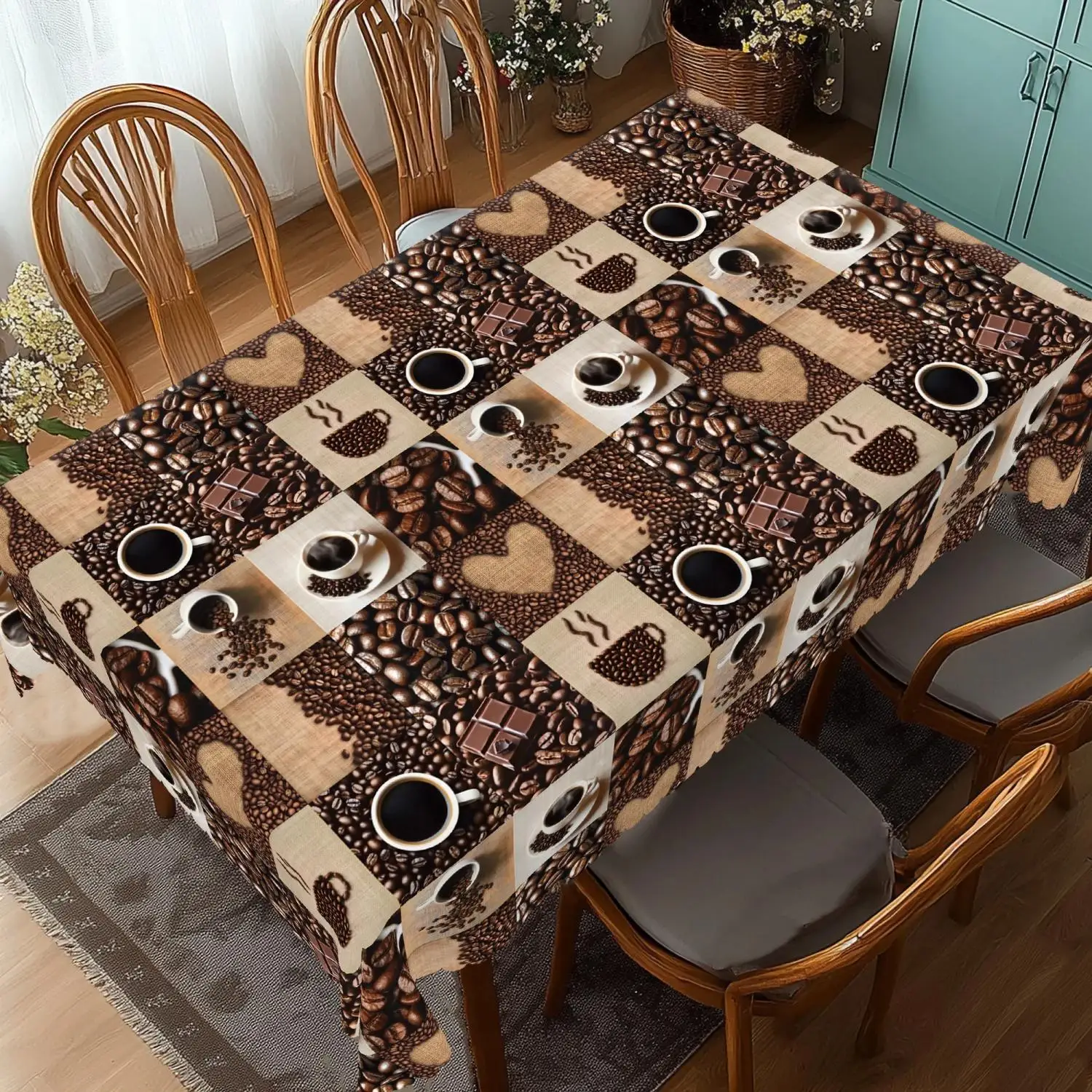 1 Piece of Coffee-Themed Round Tablecloth, Available in Various Sizes, Light Brown Background with Vintage Patchwork-Style Coffee Beans, Coffee Cups, and Heart-Patterned Prints, Round Decorative Tablecloth with Embossed Edges, Warm and Healing Style, Exclusive Tablecloth for Coffee Lovers, Suitable for Daily Home Dining Rooms, Cafes, Afternoon Tea Use, Casual Style Decoration, Home Decor