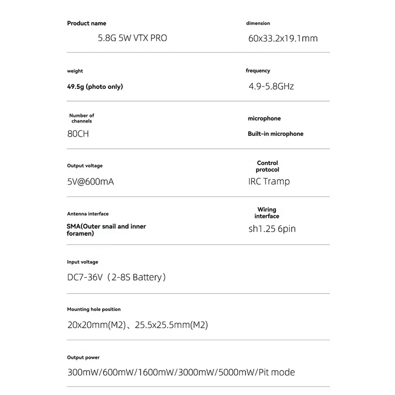 

Для GEPRC MATEN 5,8G 5W VTX PRO 80CH 5000Mw IRC Tramp OSD передатчик для DIY RC FPV Quadcopter Freestyle Drone Parts