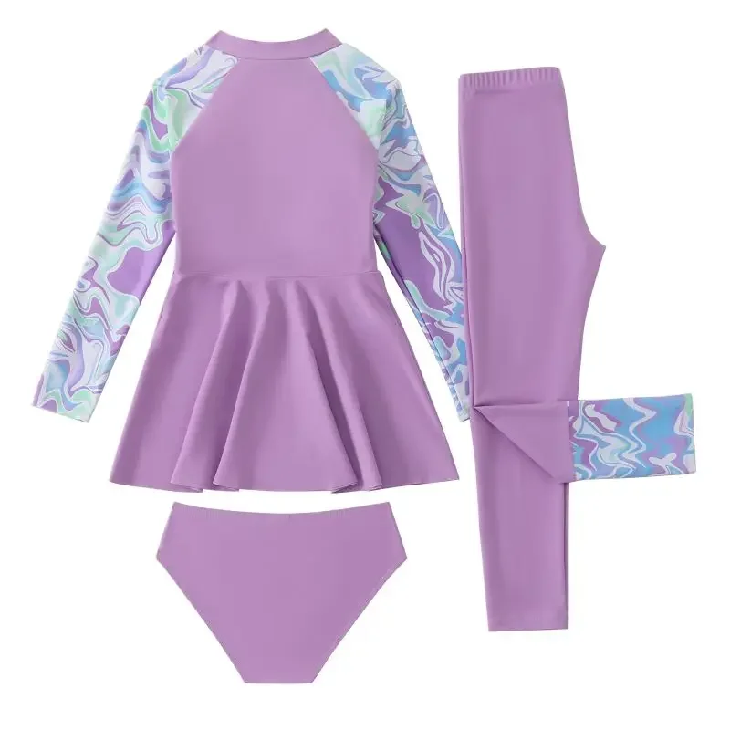 

3 Pieces Children Girls Sports Sets Swimming Long Sleeve Dress +Pants+Shorts Outdoor Running Clothes Sets