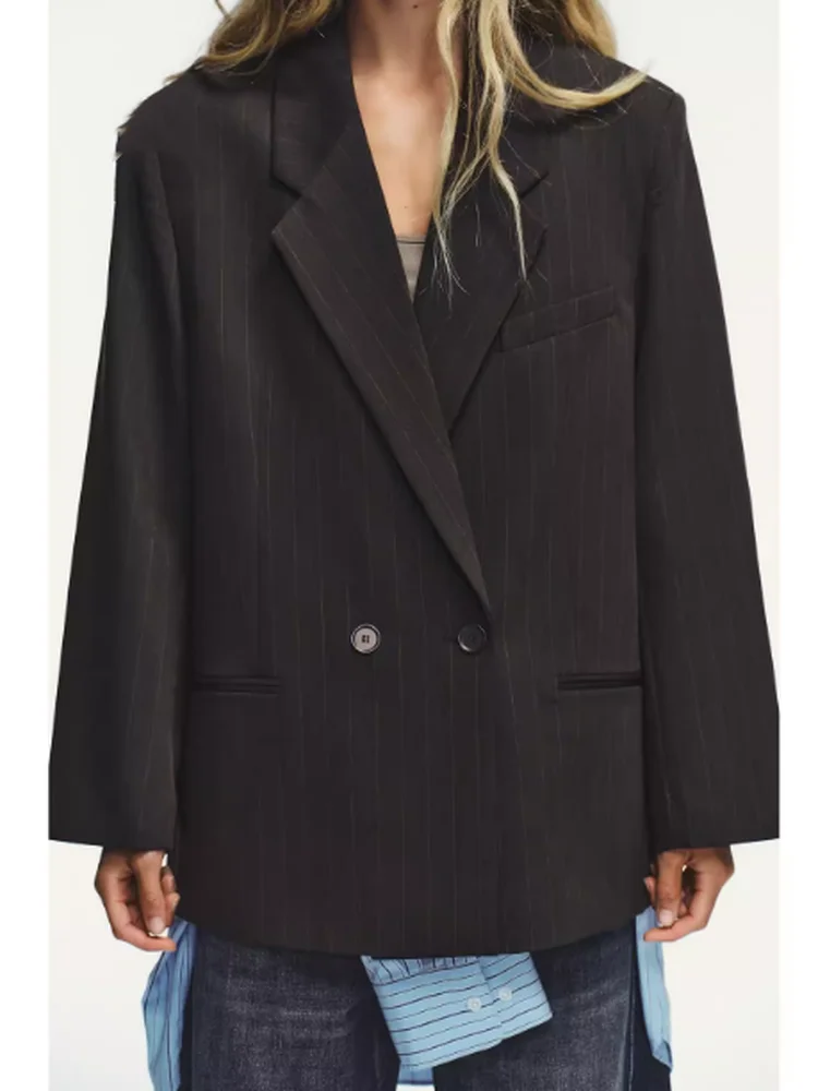

New 2025 Autumn Women's Commute Casual Loose Striped Suit Jaet Double-Collar Polyester Fiber Office Long Sve Regular Length