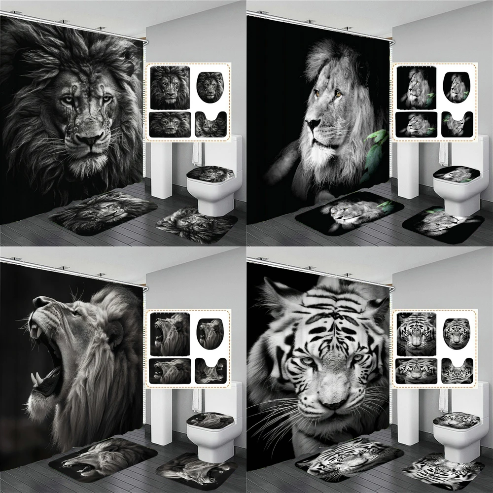 Lion Leopard and Tiger Animals 3D Printed Shower Curtains Bathroom Curtain Set Toilet Lid Cover Black Animal Bath Mat Rugs