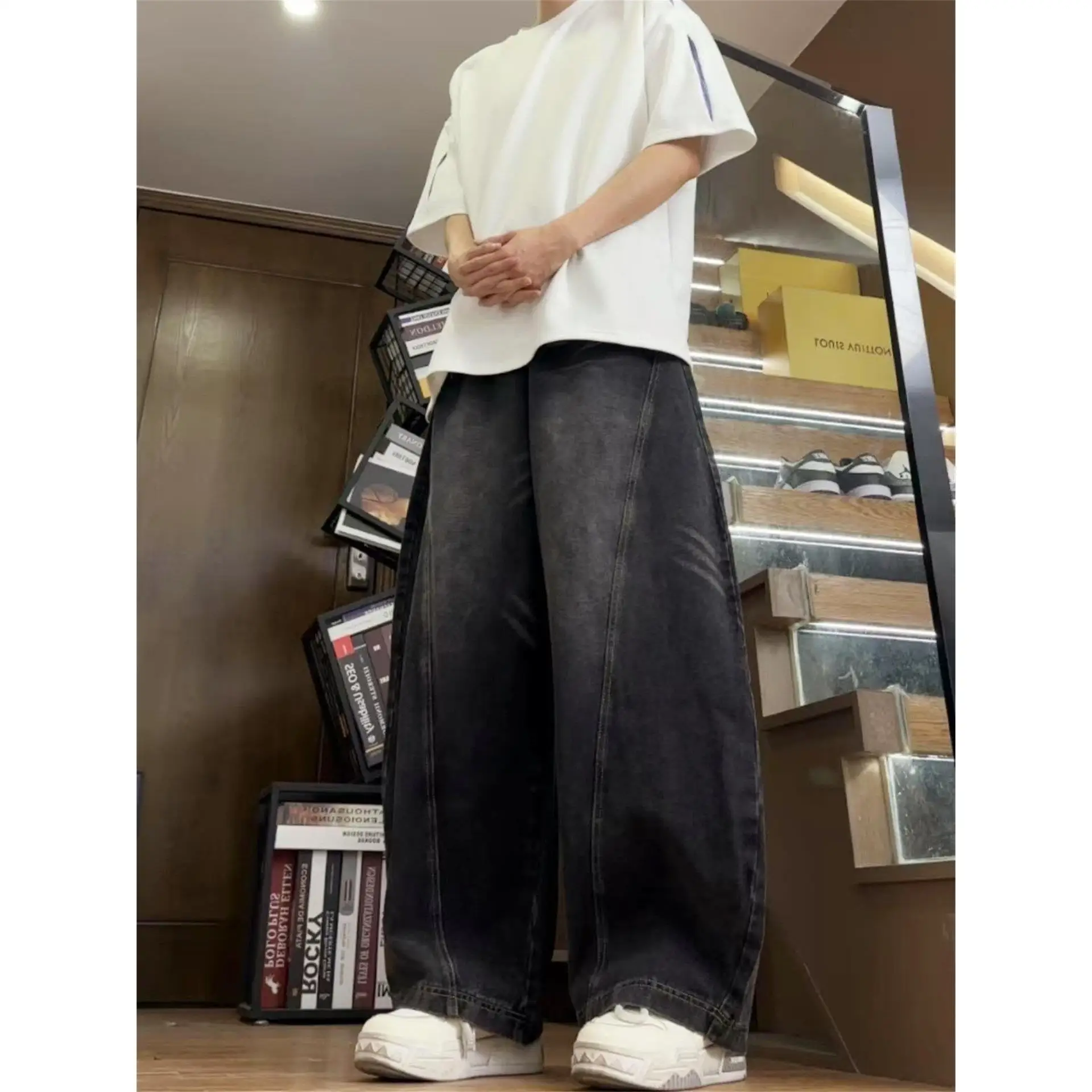 

Black Wide Leg Loose Fit Men's Jeans Knife Vintage Draping Style Low Waist Cotton Blend Drawstring Closure Casual Trousers