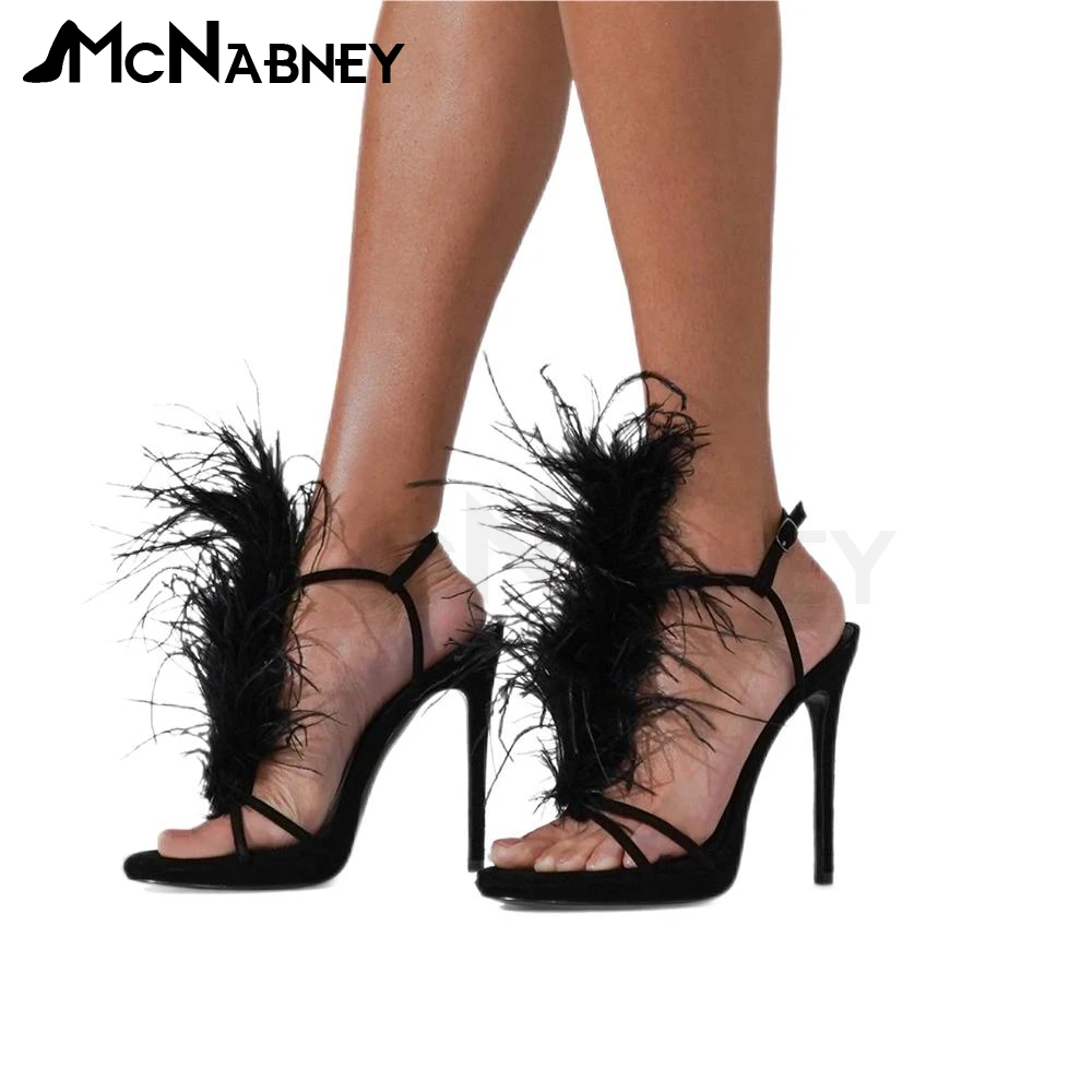 

Feather Suede Sandals Multicolor Round Toe Stiletto Summer Shoes Fashion Style Custom Color High Heels Buckle Shoes for Women