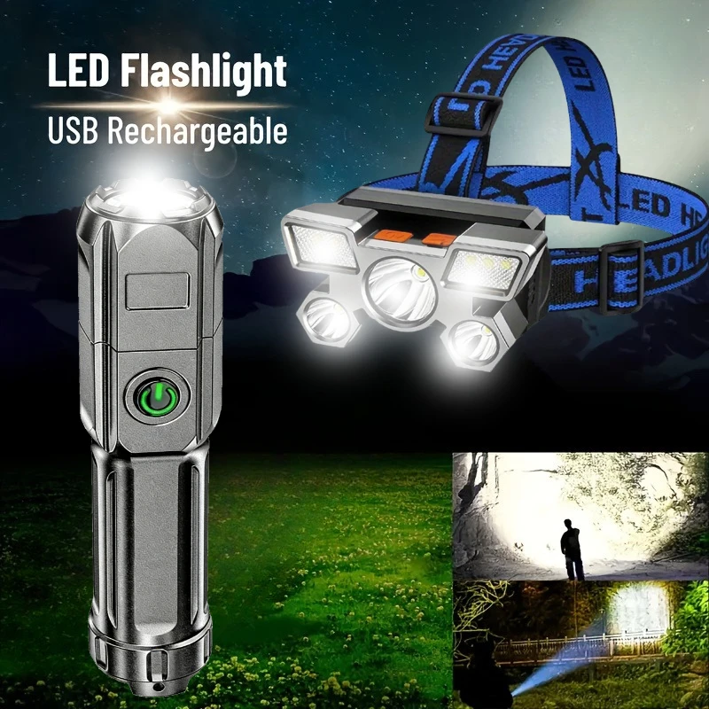 USB Rechargeable 5Led Headlamp ,Zoom Led Flashlight, Multiple Modes Mini Head Torch Light, for Outdoor Adventure Emergency Home