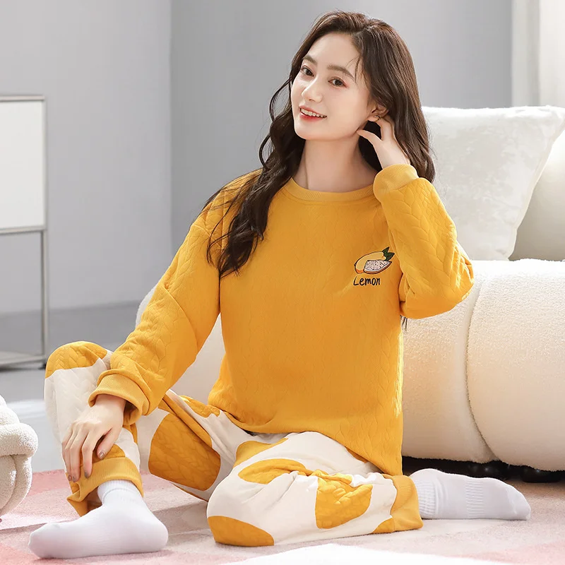 Thick Pajamas Women Three Layer Cotton Long Sleeve Plaid Pants Sleepwear Home Wear Warm Sweet Winter Loungewear