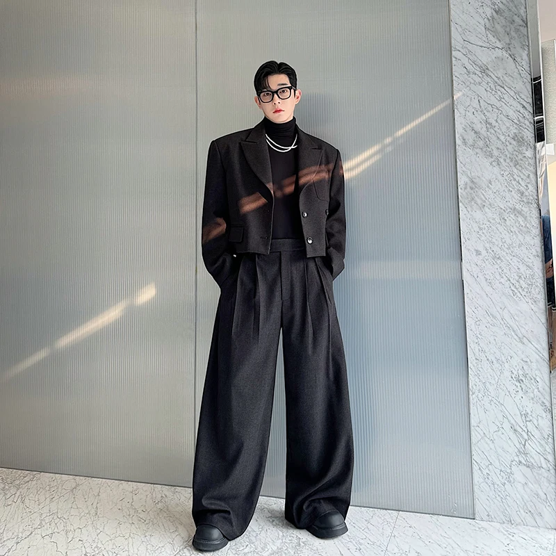 

Мужской костюм-двойка в гонконгском стиле: прямые брюки в пол с широкими штанинами, повседневный комплект для любого сезона