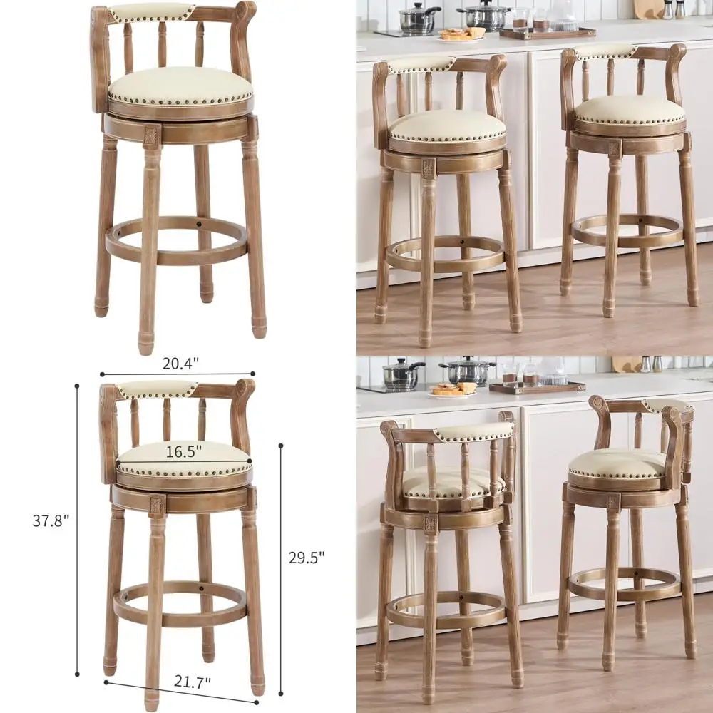 

Leather-Top Wooden Swivel Bar Stools with Backrests for Kitchen Counters and Home Bars