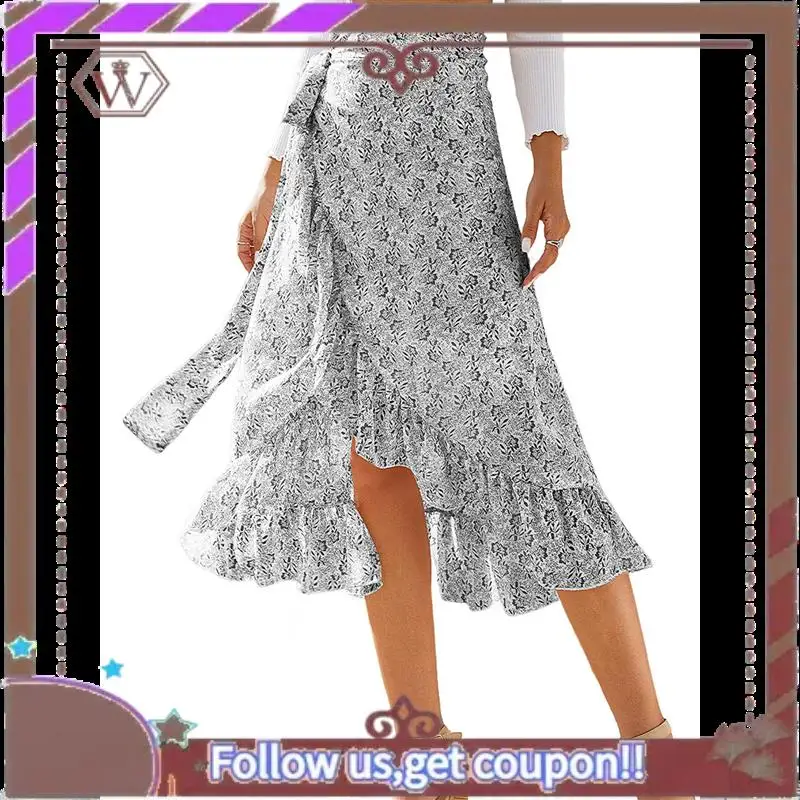 

A95D-Женская юбка-миди в стиле бохо с цветочным принтом и запахом спереди, с завязками на узле, с рюшами и подолом, белая M