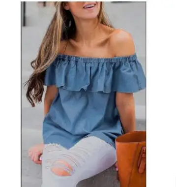 

2026 Spring/Summer New Item in Stock Women's Fashion One Word Collar Ruffle Loose Denim Top