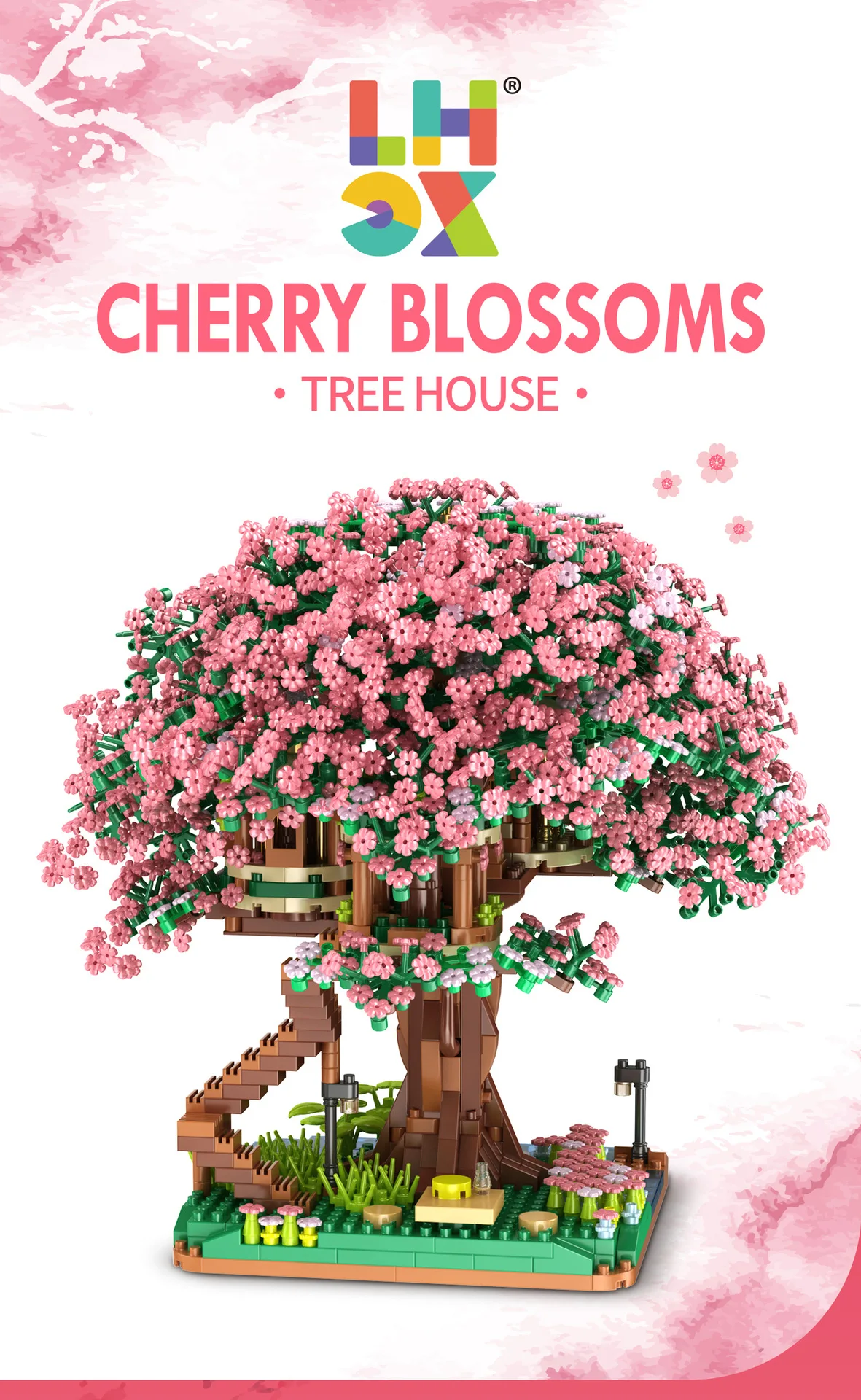 Baumhaus-Baustein-Set, Regenbogen-Sakura, Weihnachten, rote Kirschblüten, 3D-Modell, Mini-Bausteine, Figuren, Spielzeug für die Heimdekoration – Detail 11