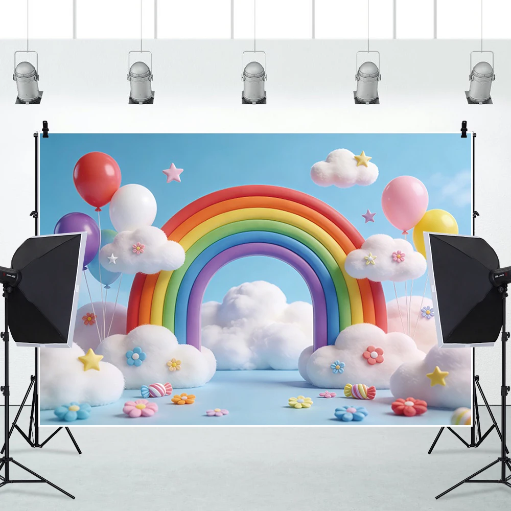Pastel Rainbow Backdrop Pink Blue Clouds Daisy Balloon Photography Background for Kids Birthday Baby Shower Party Photo Booth
