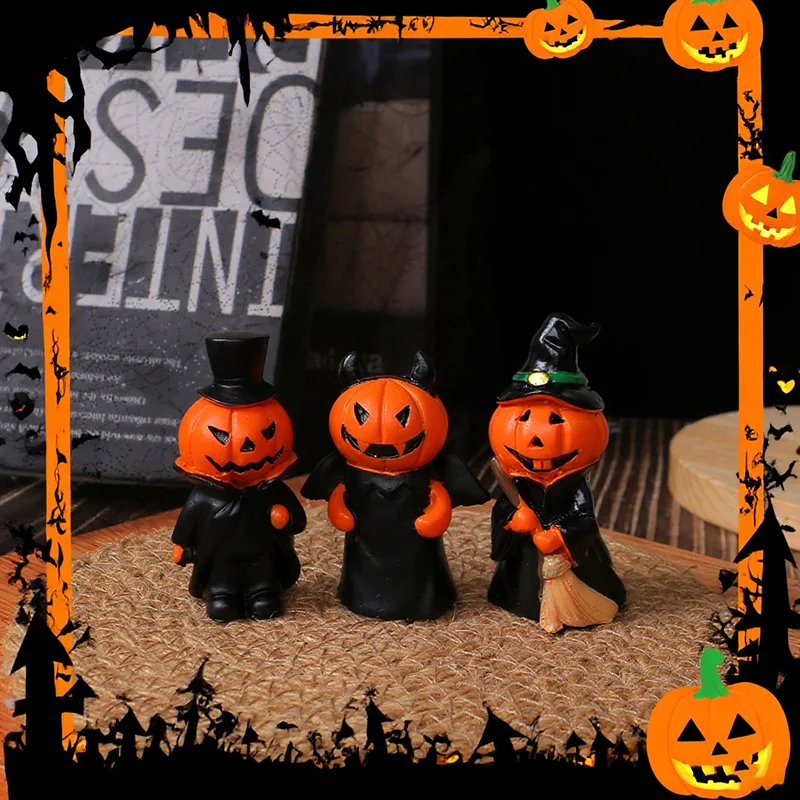 

3pcs Halloween Mini Pumpkin Devil Doll Set Resin Miniature Home Decor Figures Desk Accessories for Desktop Party Gift Ornament