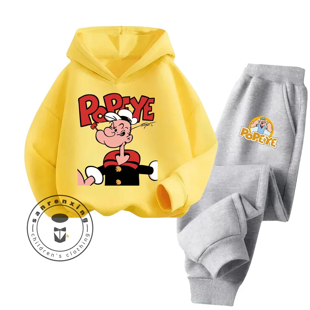 Casual Popeye Hoodie Sets Kids Comfortable Everyday Wear Simplistic Playful Cartoon Design Lightweight Breathable Pure Cotton