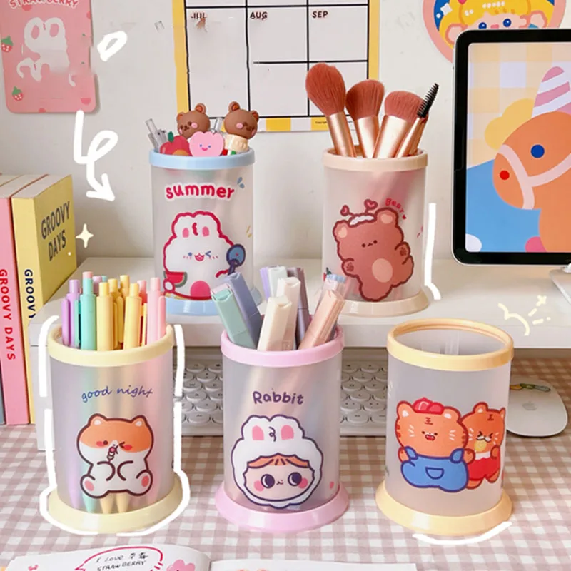 Kawaii Cartoon Animals Round Folding Diy Pen Holder Ins Cute Storage Student Desktop Stationery Storage Box Office School Supply