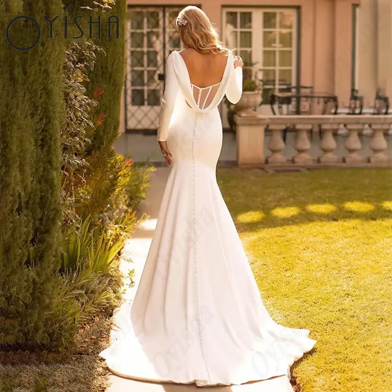 OYISHA Scoop suknie ślubne syrenka proste satynowy rękawy białe suknie ślubne dla kobiet bez pleców eleganckie Vestido De MariagesOYISHA Scoop Syrena Suknie Ślubne Proste Satyna Długie Rękawy Białe Suknie Ślubne Dla Ko