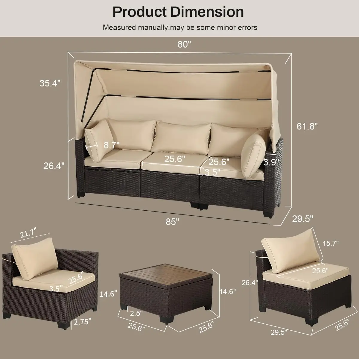 Juego de muebles para Patio exterior de 6 uds, juego de sofá seccional, sofá cama de ratán con dosel retráctil, respaldo ajustable, mesa de almacenamiento