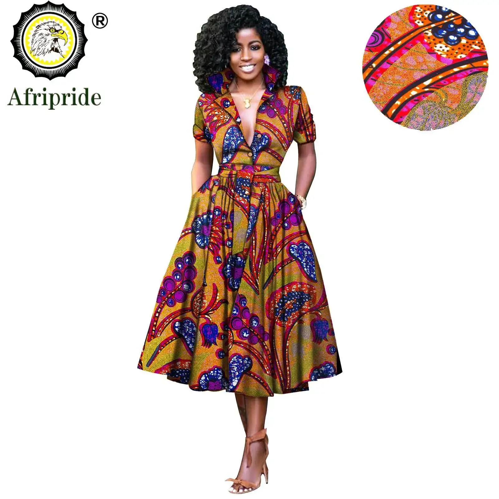 African Dresses for Women Short Sleeve V-neck High Waist Ankara Fabric Print Formal Dress Pure Cotton Bazin Riche Dress S2025072