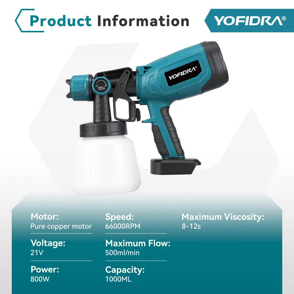 YOFIDRA 2IN1 1000ML Electric Spray Gun Air Blower 66000RPM Household Furniture Paint Sprayer Power Tools For Makita Battery Pin view 2