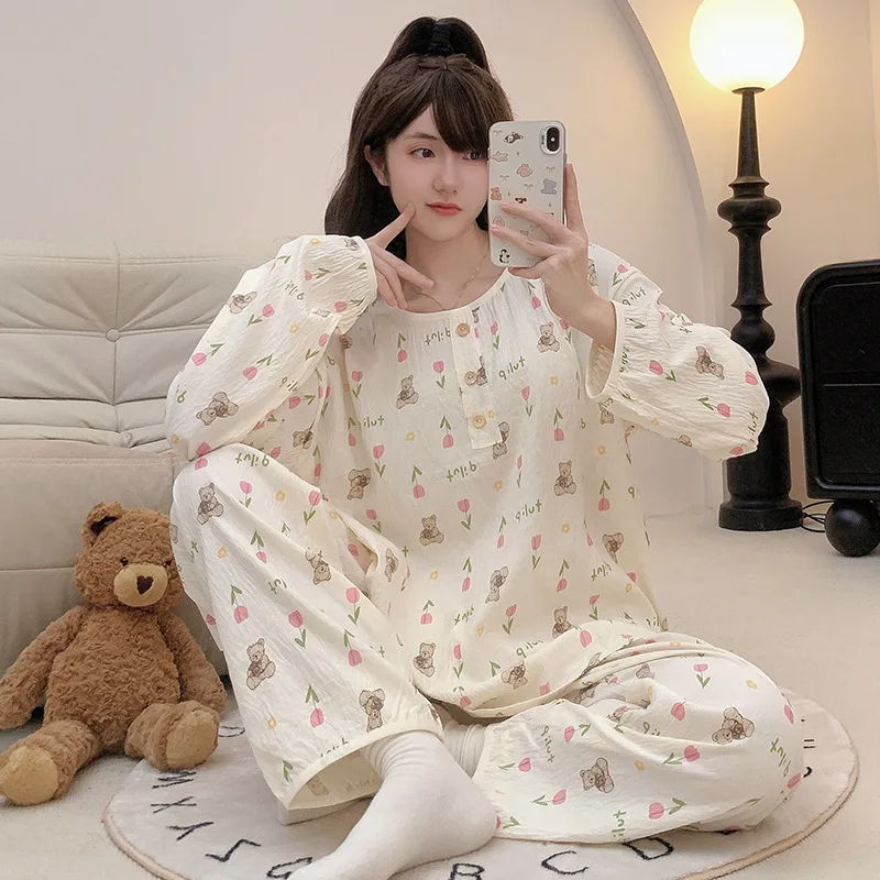 150KG Extra Large Size Women\'s Sweet Pajama Set Cartoon Long Sleeve Comfort Top Long Pants Suit Bubble Crinkled Cloth Homewear