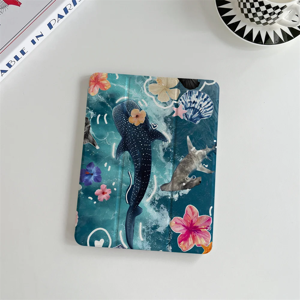 Underwater World Shark Flower is suitable for Apple iPad Pro 2024 11 inch 2025 Air 5/4 10.9 iPad 10 9.7 10.2/10.5 Mini 6/5 Pen S