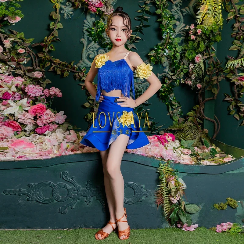 High end tassel performance set training Latin dance girl training suit children Latin dance skirt