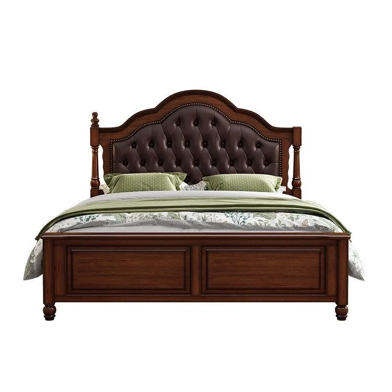 #American Style Solid Mahogany Wood Retro Master Bedroom King Double Upholstered Wedding Microfiber Leather Bedroom Furniture